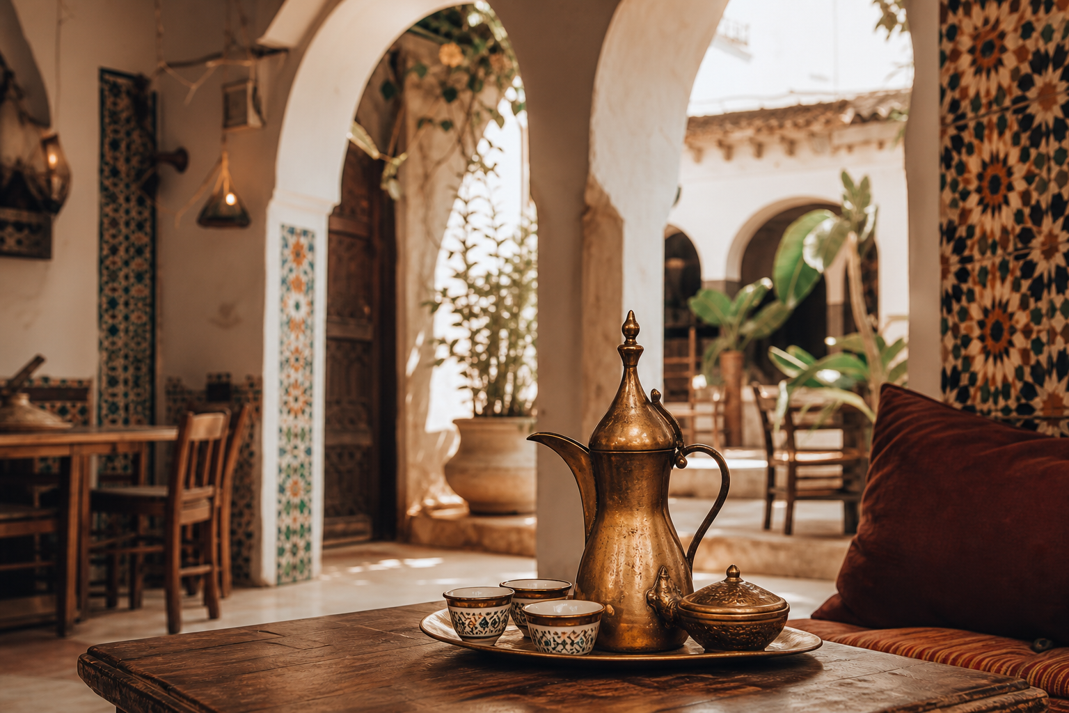 A traditional Libyan café in Tripoli with brass dallah and finjan cups